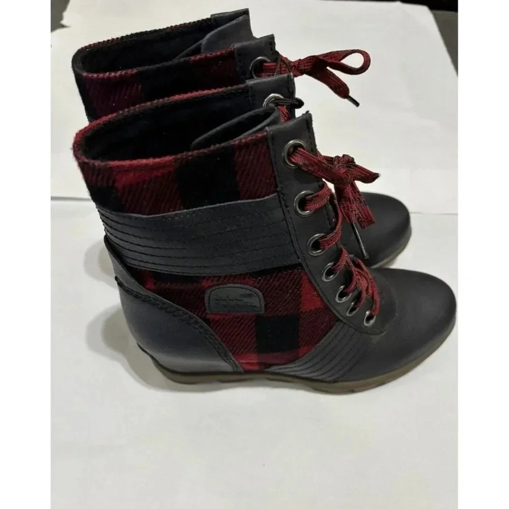Sorel Lexie Wedge Buffalo Plaid‎ Ankle Booties Boots Girls Youth 5 Red Black NEW